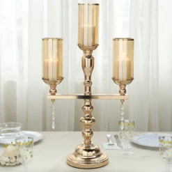 Gold Metal Pillar Candle Stand, Votive Candelabra With Hanging Clear Crystal Pendants 23" Tall 3 Arm -Home Decor Promotional Store CHDLR CAND 019 GOLD 01