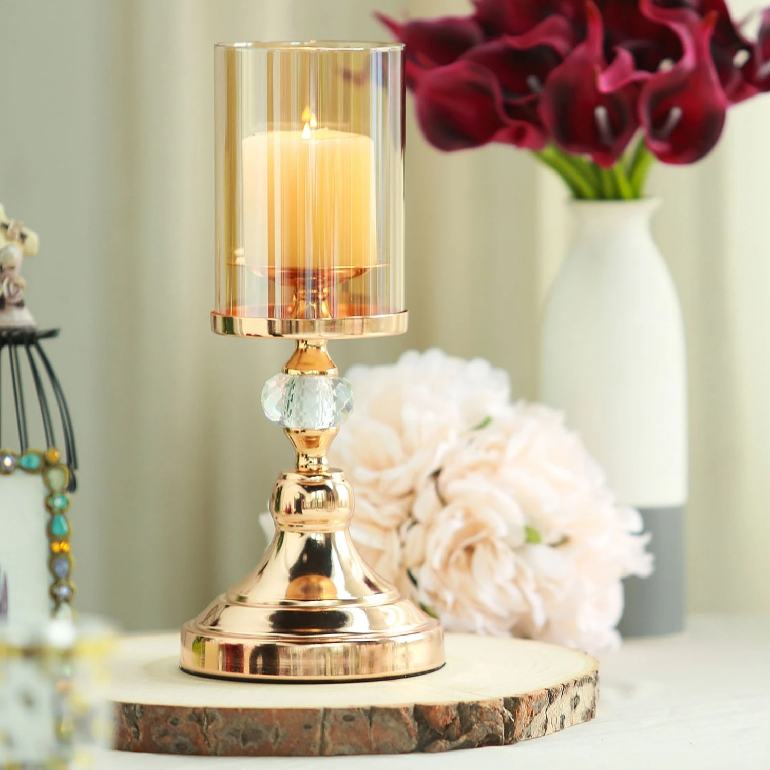 Gold Metal Pillar Candle Holder With Hurricane Glass Tube & Crystal Globes 2 Gold Metal Pillar Candle Holder With Hurricane Glass Tube & Crystal Globes - Image 2
