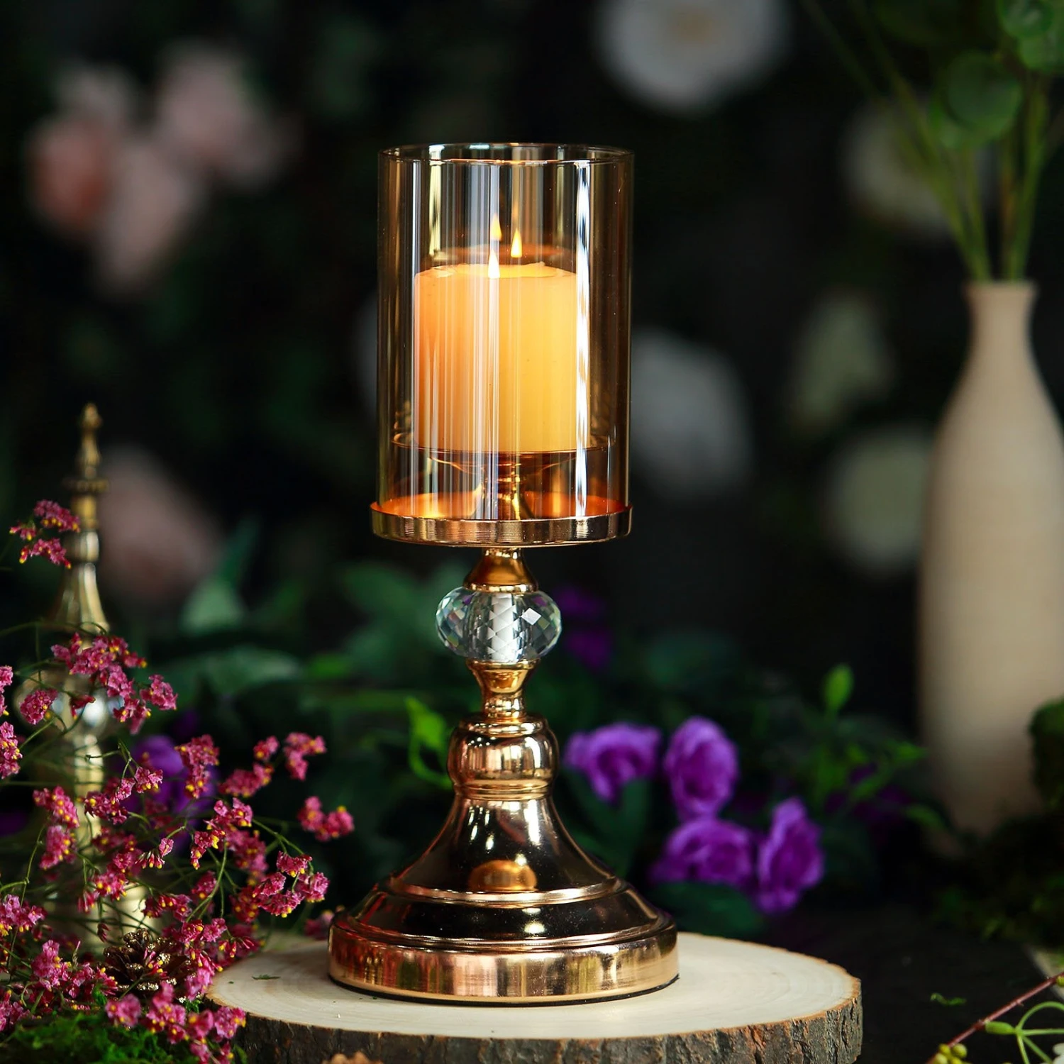 Gold Metal Pillar Candle Holder With Hurricane Glass Tube & Crystal Globes 8 Gold Metal Pillar Candle Holder With Hurricane Glass Tube & Crystal Globes - Image 8