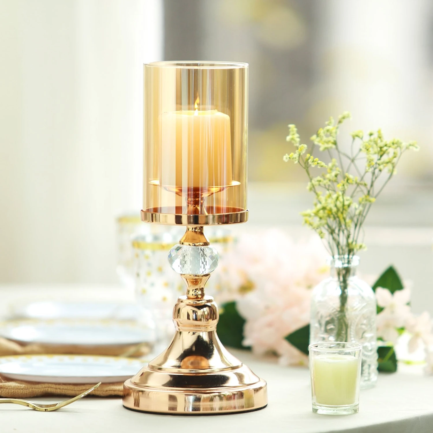 Gold Metal Pillar Candle Holder With Hurricane Glass Tube & Crystal Globes 6 Gold Metal Pillar Candle Holder With Hurricane Glass Tube & Crystal Globes - Image 6