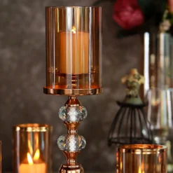 Gold Metal Pillar Candle Holder With Hurricane Glass Tube & Crystal Globes 31 Gold Metal Pillar Candle Holder With Hurricane Glass Tube & Crystal Globes -Home Decor Promotional Store CHDLR CAND 021 15 GOLD D02