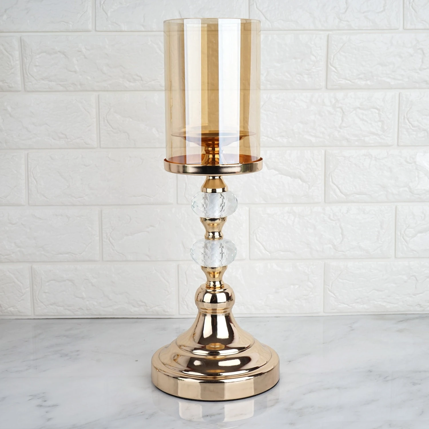 Gold Metal Pillar Candle Holder With Hurricane Glass Tube & Crystal Globes 7 Gold Metal Pillar Candle Holder With Hurricane Glass Tube & Crystal Globes - Image 7