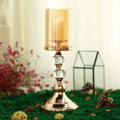 Gold Metal Pillar Candle Holder With Hurricane Glass Tube & Crystal Globes 29 Gold Metal Pillar Candle Holder With Hurricane Glass Tube & Crystal Globes -Home Decor Promotional Store CHDLR CAND 021 15 GOLD 01