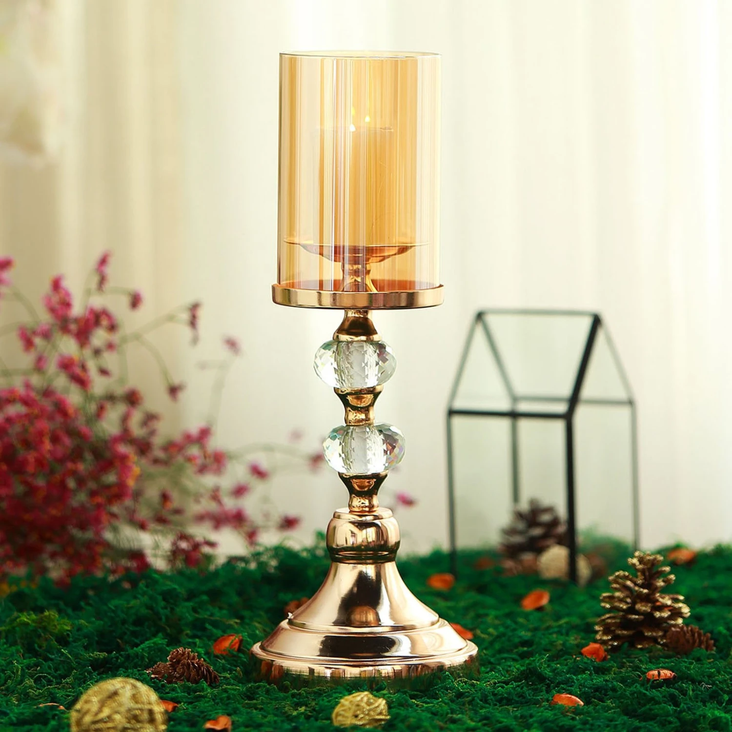 Gold Metal Pillar Candle Holder With Hurricane Glass Tube & Crystal Globes 10 Gold Metal Pillar Candle Holder With Hurricane Glass Tube & Crystal Globes - Image 10