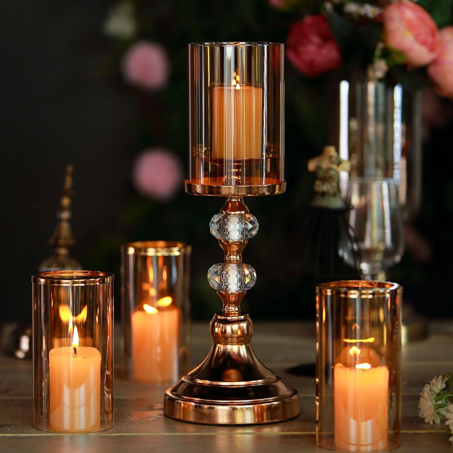 Gold Metal Pillar Candle Holder With Hurricane Glass Tube & Crystal Globes 11 Gold Metal Pillar Candle Holder With Hurricane Glass Tube & Crystal Globes - Image 11