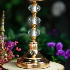 Gold Metal Pillar Candle Holder With Hurricane Glass Tube & Crystal Globes 35 Gold Metal Pillar Candle Holder With Hurricane Glass Tube & Crystal Globes -Home Decor Promotional Store CHDLR CAND 021 17 GOLD D02