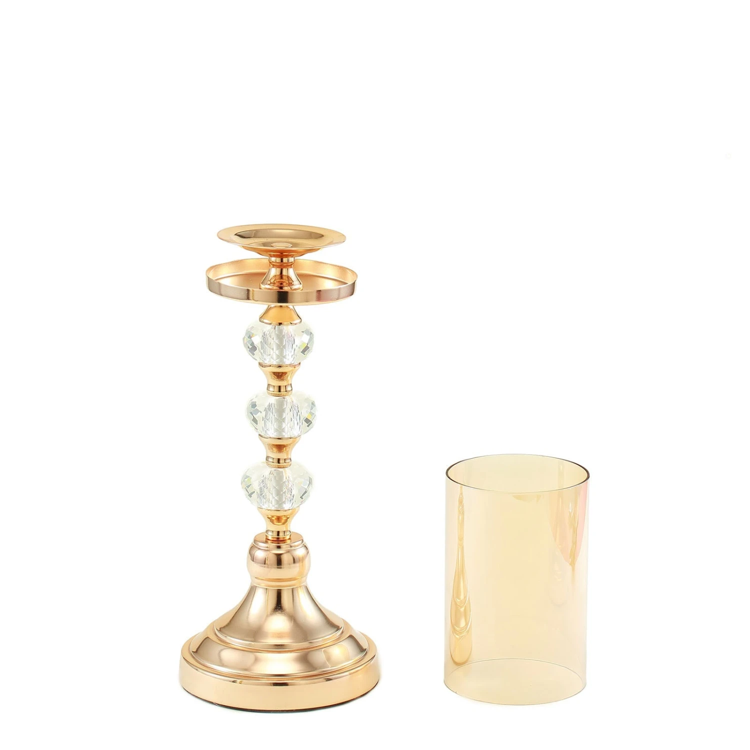 Gold Metal Pillar Candle Holder With Hurricane Glass Tube & Crystal Globes 17 Gold Metal Pillar Candle Holder With Hurricane Glass Tube & Crystal Globes - Image 17