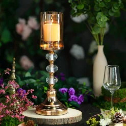 Gold Metal Pillar Candle Holder With Hurricane Glass Tube & Crystal Globes 33 Gold Metal Pillar Candle Holder With Hurricane Glass Tube & Crystal Globes -Home Decor Promotional Store CHDLR CAND 021 17 GOLD 01
