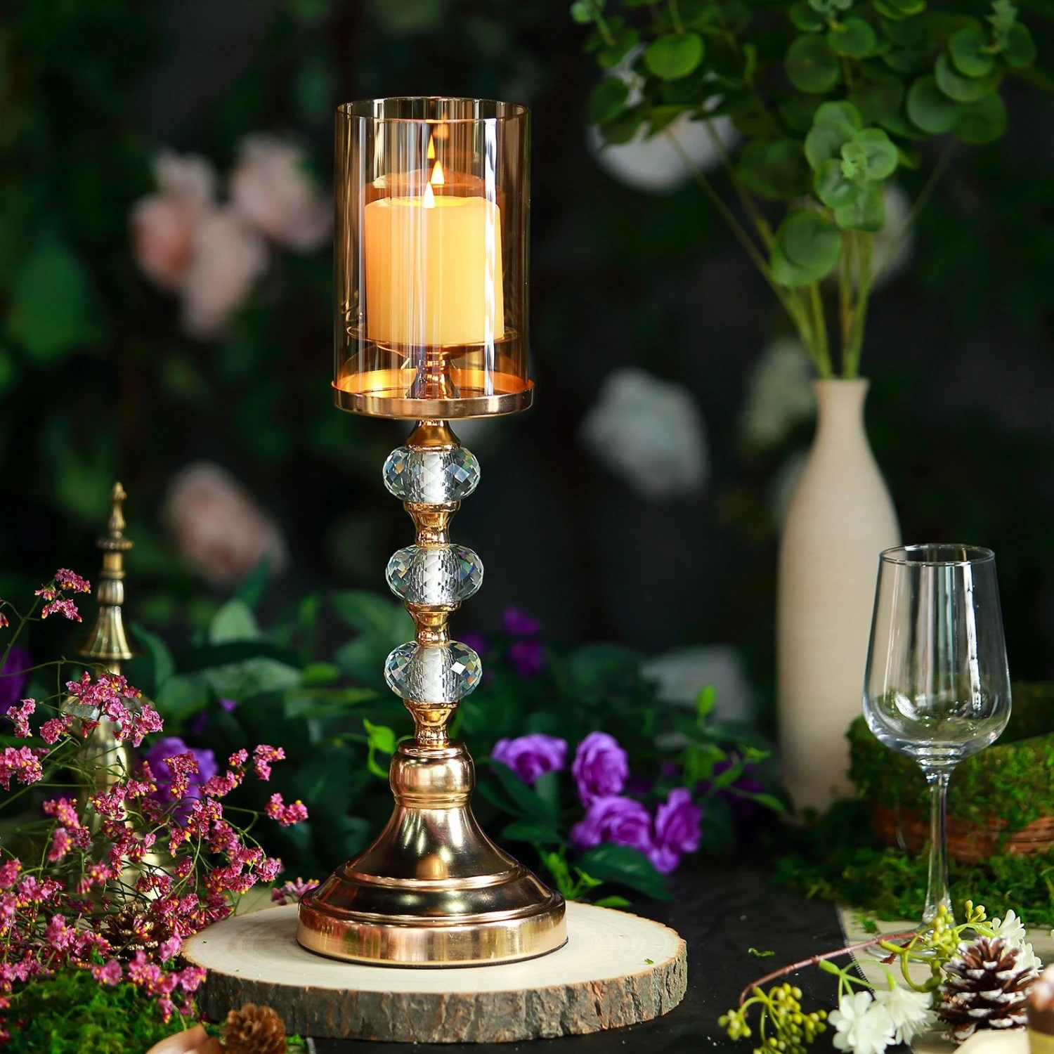Gold Metal Pillar Candle Holder With Hurricane Glass Tube & Crystal Globes 14 Gold Metal Pillar Candle Holder With Hurricane Glass Tube & Crystal Globes - Image 14