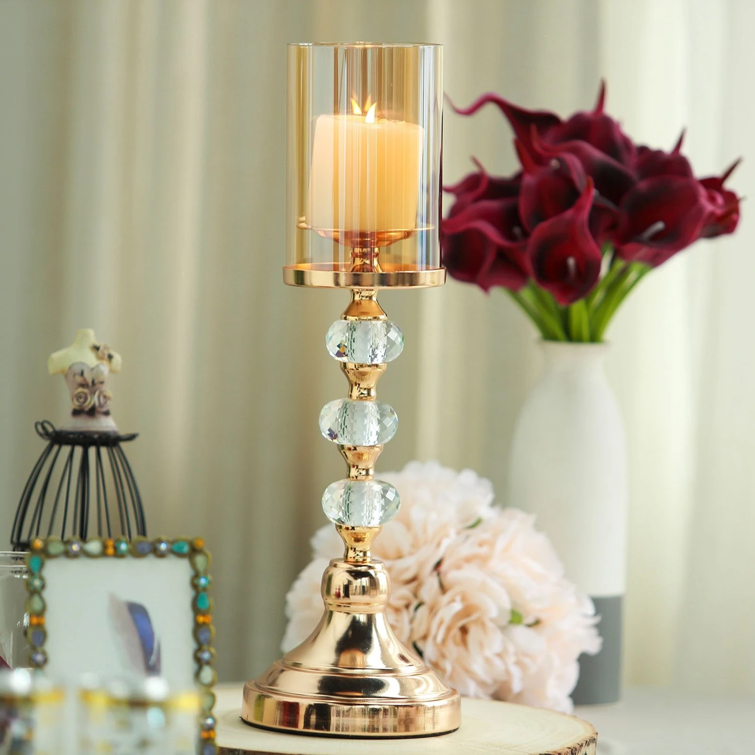 Gold Metal Pillar Candle Holder With Hurricane Glass Tube & Crystal Globes 15 Gold Metal Pillar Candle Holder With Hurricane Glass Tube & Crystal Globes - Image 15