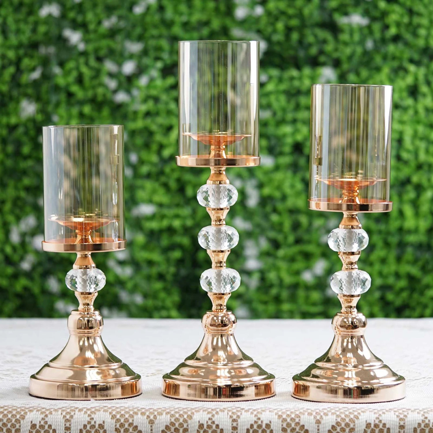 Gold Metal Pillar Candle Holder With Hurricane Glass Tube & Crystal Globes 18 Gold Metal Pillar Candle Holder With Hurricane Glass Tube & Crystal Globes - Image 18