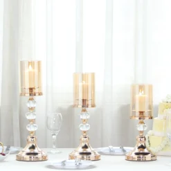 Gold Metal Pillar Candle Holder With Hurricane Glass Tube & Crystal Globes