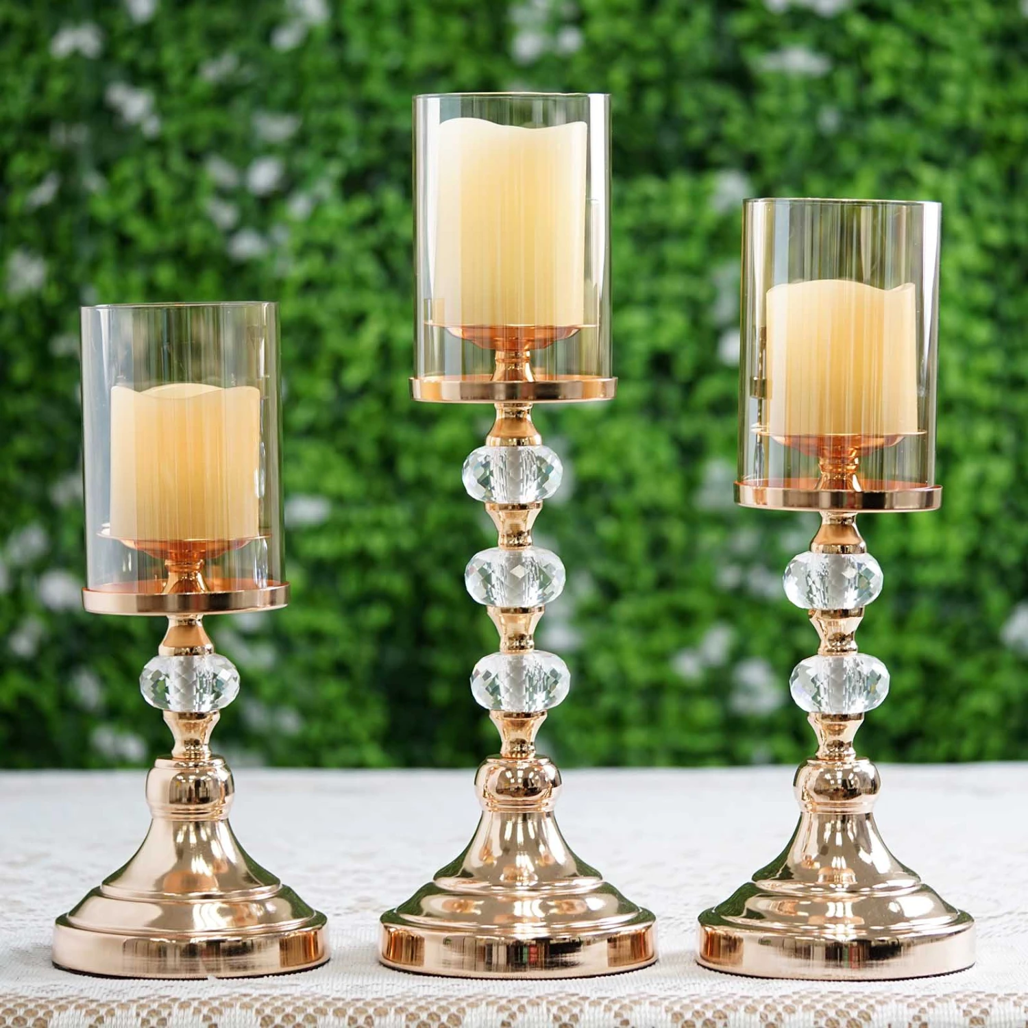 Gold Metal Pillar Candle Holder With Hurricane Glass Tube & Crystal Globes 19 Gold Metal Pillar Candle Holder With Hurricane Glass Tube & Crystal Globes - Image 19