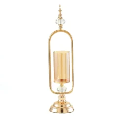 Gold Metal Pillar Candle Holder With Hurricane Glass Tube And 2 Crystal Globes 22" Tall -Home Decor Promotional Store CHDLR CAND 024 22 GOLD 99
