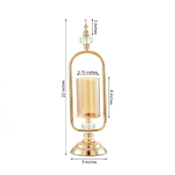 Gold Metal Pillar Candle Holder With Hurricane Glass Tube And 2 Crystal Globes 22" Tall -Home Decor Promotional Store CHDLR CAND 024 22 GOLD 99 M