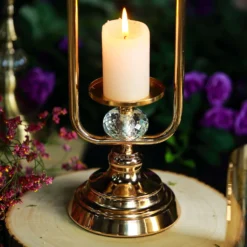 Gold Metal Pillar Candle Holder With Hurricane Glass Tube And 2 Crystal Globes 22" Tall -Home Decor Promotional Store CHDLR CAND 024 22 GOLD D01