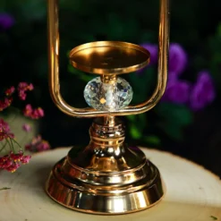 Gold Metal Pillar Candle Holder With Hurricane Glass Tube And 2 Crystal Globes 22" Tall -Home Decor Promotional Store CHDLR CAND 024 22 GOLD D02