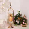 Gold Metal Pillar Candle Holder With Hurricane Glass Tube And 2 Crystal Globes 22" Tall