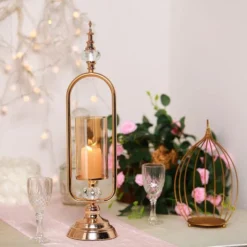 Gold Metal Pillar Candle Holder With Hurricane Glass Tube And 2 Crystal Globes 22" Tall