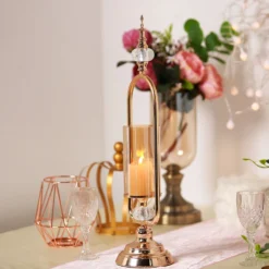 Gold Metal Pillar Candle Holder With Hurricane Glass Tube And 2 Crystal Globes 22" Tall -Home Decor Promotional Store CHDLR CAND 024 22 GOLD D05