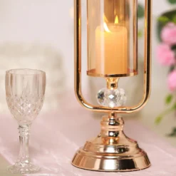 Gold Metal Pillar Candle Holder With Hurricane Glass Tube And 2 Crystal Globes 22" Tall -Home Decor Promotional Store CHDLR CAND 024 22 GOLD D06