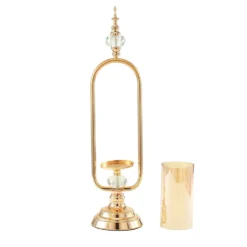 Gold Metal Pillar Candle Holder With Hurricane Glass Tube And 2 Crystal Globes 22" Tall -Home Decor Promotional Store CHDLR CAND 024 22 GOLD D12