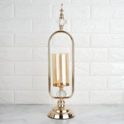 Gold Metal Pillar Candle Holder With Hurricane Glass Tube And 2 Crystal Globes 22" Tall -Home Decor Promotional Store CHDLR CAND 024 22 GOLD D15 grande 9a3b4bc0 c264 4e08 8641 e345cc186eb3