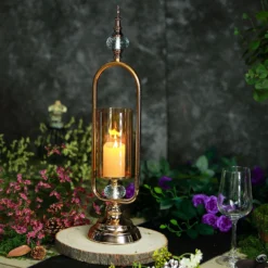 Gold Metal Pillar Candle Holder With Hurricane Glass Tube And 2 Crystal Globes 22" Tall -Home Decor Promotional Store CHDLR CAND 024 22 GOLD 01