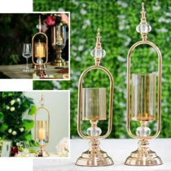 Gold Metal Pillar Candle Holder With Hurricane Glass Tube And 2 Crystal Globes 22" Tall -Home Decor Promotional Store CHDLR CAND 024 EBC1