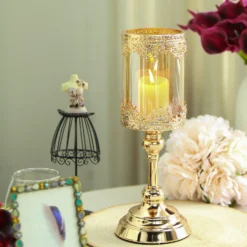 Hurricane Glass Pillar Candle Holder, Lace Design Votive Candle Stand 13" Tall -Home Decor Promotional Store CHDLR CAND 025 13 GOLD D12.progressive 7a0af7b9 97eb 4930 a319 f3a13c68ec4d