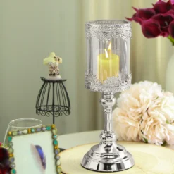 Hurricane Glass Pillar Candle Holder, Lace Design Votive Candle Stand 13" Tall -Home Decor Promotional Store CHDLR CAND 025 13 SILV D12