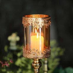 Hurricane Glass Pillar Candle Holder, Lace Design Votive Candle Stand 15" Tall -Home Decor Promotional Store CHDLR CAND 025 15 GOLD D06.progressive 88eaa379 5527 4bd7 8bf5 cda93ab1e6e0