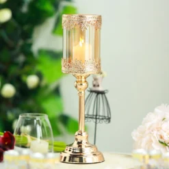 Hurricane Glass Pillar Candle Holder, Lace Design Votive Candle Stand 15" Tall -Home Decor Promotional Store CHDLR CAND 025 15 GOLD 02