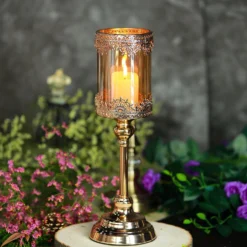 Hurricane Glass Pillar Candle Holder, Lace Design Votive Candle Stand 15" Tall