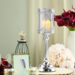 Hurricane Glass Pillar Candle Holder, Lace Design Votive Candle Stand 15" Tall -Home Decor Promotional Store CHDLR CAND 025 15 SILV D10 scaled