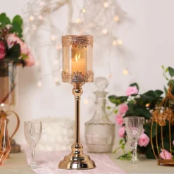 Hurricane Glass Pillar Candle Holder, Lace Design Votive Candle Stand 17" Tall -Home Decor Promotional Store CHDLR CAND 025 17 GOLD D08.progressive fd67a9c1 cabd 4edb a91c 2994e337f2f7
