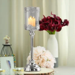 Hurricane Glass Pillar Candle Holder, Lace Design Votive Candle Stand 17" Tall -Home Decor Promotional Store CHDLR CAND 025 17 SILV 02
