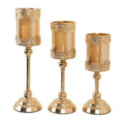 Set Of 3 | Antique Gold Lace Design Votive Candle Stands, Hurricane Glass Pillar Candle Holders - 13",15",17" -Home Decor Promotional Store CHDLR CAND 025 SET GOLD 99