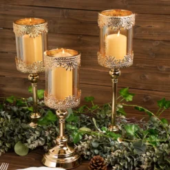 Set Of 3 | Antique Gold Lace Design Votive Candle Stands, Hurricane Glass Pillar Candle Holders - 13",15",17" -Home Decor Promotional Store CHDLR CAND 025 SET GOLD D01