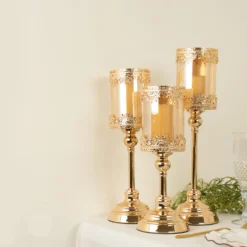 Set Of 3 | Antique Gold Lace Design Votive Candle Stands, Hurricane Glass Pillar Candle Holders - 13",15",17" -Home Decor Promotional Store CHDLR CAND 025 SET GOLD D02