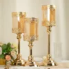 Set Of 3 | Antique Gold Lace Design Votive Candle Stands, Hurricane Glass Pillar Candle Holders - 13",15",17"