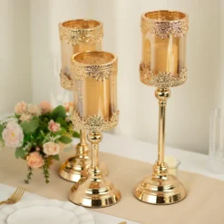 Set Of 3 | Antique Gold Lace Design Votive Candle Stands, Hurricane Glass Pillar Candle Holders - 13",15",17" -Home Decor Promotional Store CHDLR CAND 025 SET GOLD 02