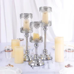 Hurricane Glass Pillar Candle Holder, Lace Design Votive Candle Stand 13" Tall -Home Decor Promotional Store CHDLR CAND 025 SILV SET D01 b16d0846 3f13 4aae 8645 6a58e96b6f6e