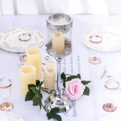 Hurricane Glass Pillar Candle Holder, Lace Design Votive Candle Stand 17" Tall -Home Decor Promotional Store CHDLR CAND 025 SILV SET D02 0eb7c780 9af9 4c2e b560 1ccd9ae7e4e5