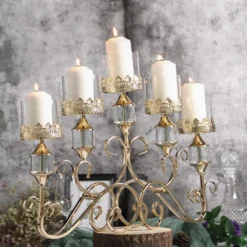 Antique Metal 5 Arm Pillar Candle Table Candelabra, Crown Top Horizontal Centerpiece Hurricane Glass Votive Candle Holders 18” Tall -Home Decor Promotional Store CHDLR CAND 027 GOLD D11