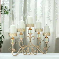 Antique Metal 5 Arm Pillar Candle Table Candelabra, Crown Top Horizontal Centerpiece Hurricane Glass Votive Candle Holders 18” Tall