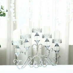 Antique Metal 5 Arm Pillar Candle Table Candelabra, Crown Top Horizontal Centerpiece Hurricane Glass Votive Candle Holders 18” Tall -Home Decor Promotional Store CHDLR CAND 027 SILV D06