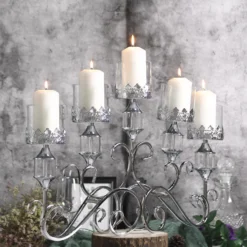 Antique Metal 5 Arm Pillar Candle Table Candelabra, Crown Top Horizontal Centerpiece Hurricane Glass Votive Candle Holders 18” Tall -Home Decor Promotional Store CHDLR CAND 027 SILV D12