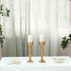 Antique Gold Lace Hurricane Glass Candle Holder Set, Pillar Votive Candle Holders -Home Decor Promotional Store CHDLR CAND 028 14 GOLD D01