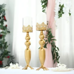Antique Gold Lace Hurricane Glass Candle Holder Set, Pillar Votive Candle Holders -Home Decor Promotional Store CHDLR CAND 028 18 GOLD 01